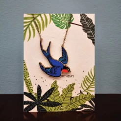 Mooch..... New Arrivals Greetings Card & Wooden Necklace - Swallow