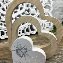 Mooch..... Set Of Three Wooden Hearts "Bee Happy" New Arrivals