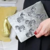 Mooch..... Velvet Purse With Embroidered Zebra And Metallic Tassel