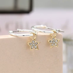 Mooch..... Gifts For Teachers Peace Of Mind Silver Plated Golden Pave Stars And Silver Hoop Earrings