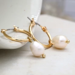 Mooch..... Peace Of Mind Golden Hoop Earrings With Ivory Seed Pearl Drops Gifts For Teachers
