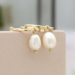 Mooch..... Peace Of Mind Golden Hoop Earrings With Ivory Seed Pearl Drops Gifts For Teachers