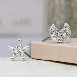 Mooch..... Peace Of Mind Silver Plated Mismatched Crystal Star And Moon Earrings