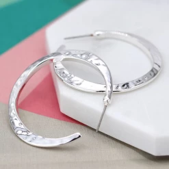 Mooch..... Gifts For Teachers Peace Of Mind Silver Plated Irregular Hammered Open Hoop Earrings